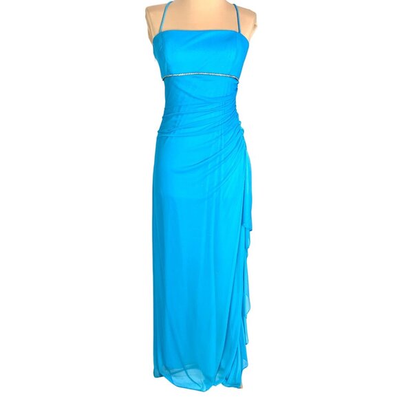 Ruched Chiffon Blue Glam Slip Gown Rhinestone Accent Side Ruffle Design 5 Prom - Picture 1 of 10